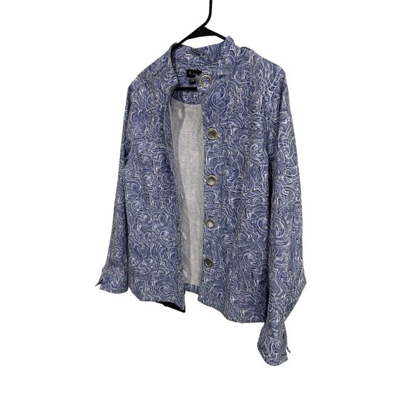 Analogy Womens Blue and White Printed Jacket with Grommet Details SZ Extra Large - Picture 3 of 9
